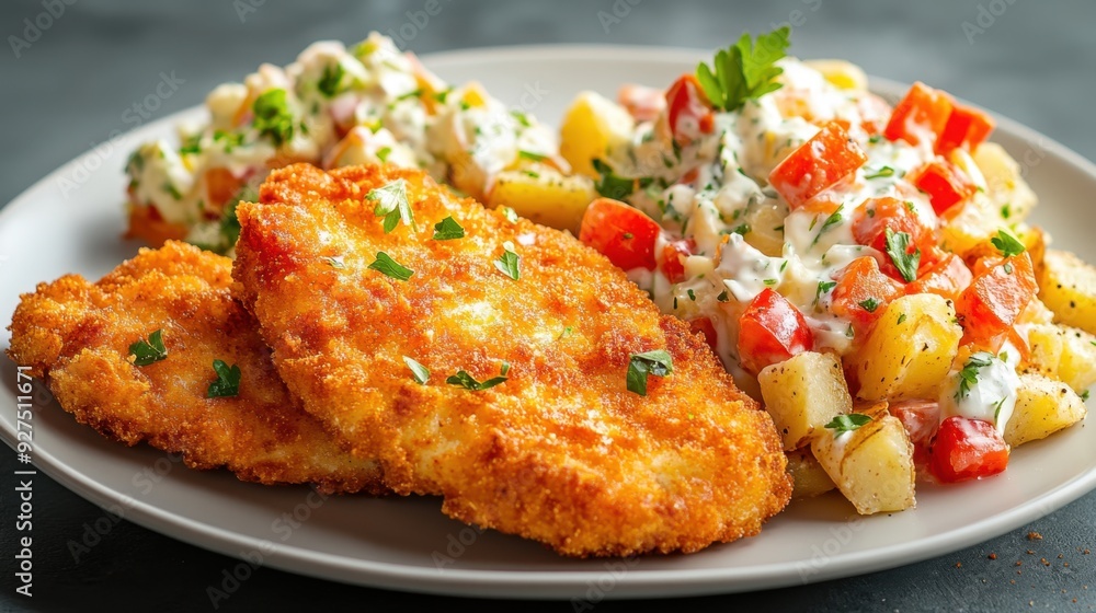 Close-up of a crispy schnitzel, breaded and fried to golden perfection, served with a side of potato salad Close-up of a crispy schnitzel, breaded and fried to golden perfection, served with a side of potato salad