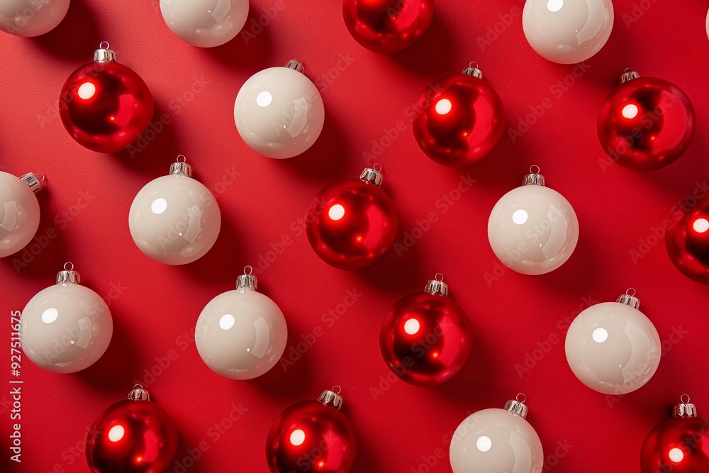 Red and white Christmas balls on red background flat lay Red and white Christmas balls on red background flat lay