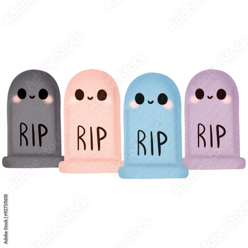 Watercolor illustration of four colorful gravestones with cute faces and RIP markings