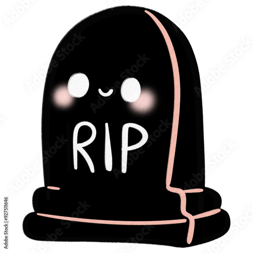 Watercolor illustration of four colorful gravestones with cute faces and RIP markings