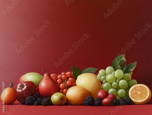 Still life arrangement of assorted fruits and blackberries on a red background.