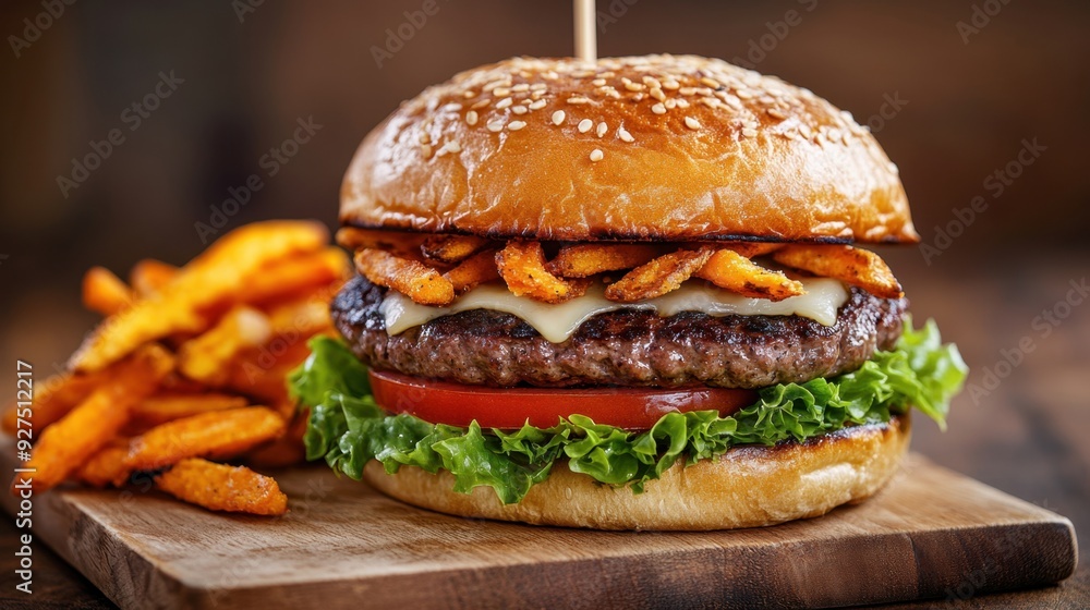Close-up of a juicy beef burger, topped with melted cheese, crispy lettuce, and a slice of tomato, served with sweet potato fries Close-up of a juicy beef burger, topped with melted cheese, crispy lettuce, and a slice of tomato, served with sweet potato fries