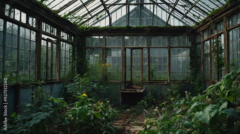 Abandoned greenhouse filled with overgrown plants and glass windows in a rural setting during daylight Abandoned greenhouse filled with overgrown plants and glass windows in a rural setting during daylight