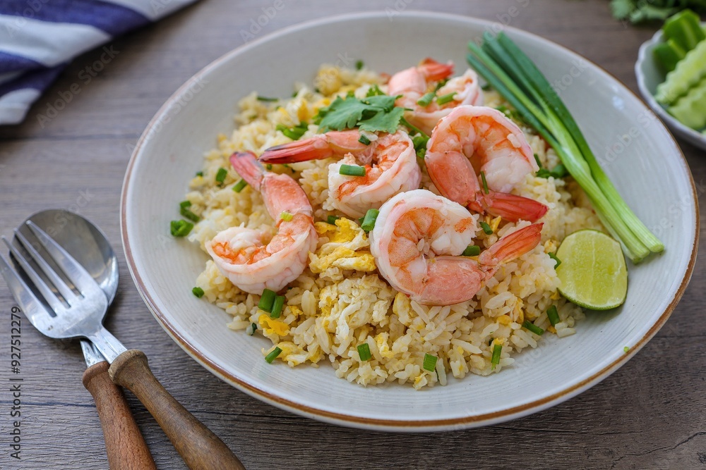Fried rice with shrimps on a white plate Fried rice with shrimps on a white plate