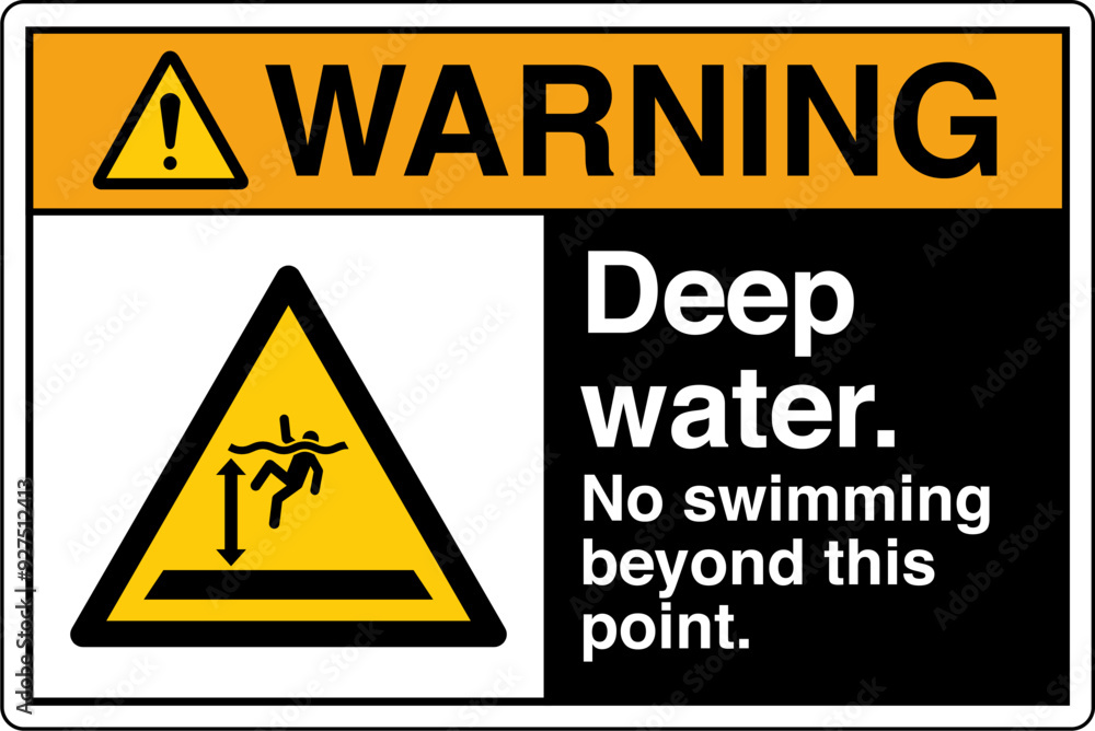 ANSI Z535 Safety Sign Marking Label Symbol Pictogram Standards Warning Deep Water No Swimming Beyond This Point with text landscape Black ANSI Z535 Safety Sign Marking Label Symbol Pictogram Standards Warning Deep Water No Swimming Beyond This Point with text landscape Black