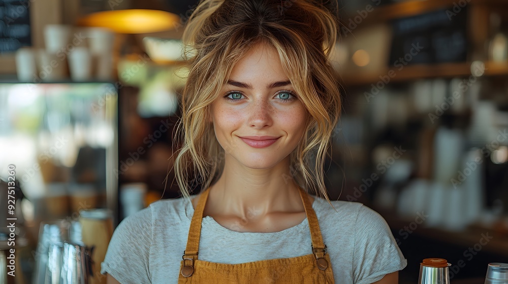 Barista woman in a bustling cafe, serving coffee, representing the growth of her small business. Barista woman in a bustling cafe, serving coffee, representing the growth of her small business.