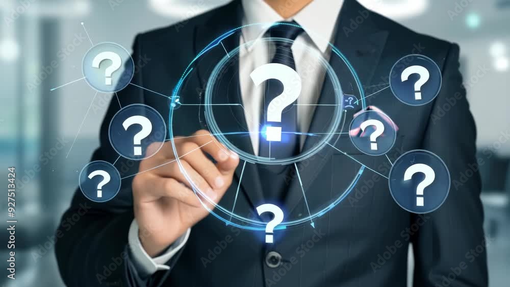 Futuristic Business Interaction: Businessman Touches Holographic Question Mark on Screen Futuristic Business Interaction: Businessman Touches Holographic Question Mark on Screen