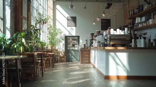 Sunlight streams through windows onto a cafe interior, illuminating wooden tables and a gleaming espresso machine.