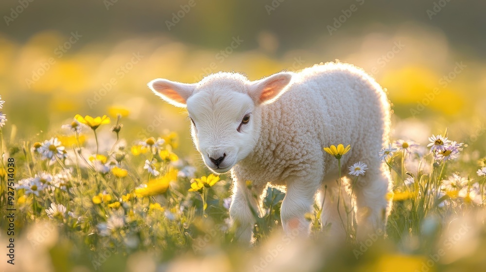 A cute spring lamb grazing in a field of wildflowers, embodying the freshness and vitality of the season. A cute spring lamb grazing in a field of wildflowers, embodying the freshness and vitality of the season.