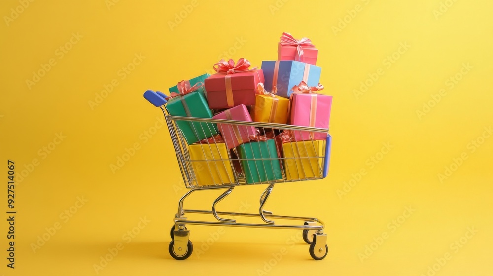 Shopping cart full of gift boxes on yellow background. Supermarket trolley with presents. Discounts, sales and promotions Shopping cart full of gift boxes on yellow background. Supermarket trolley with presents. Discounts, sales and promotions