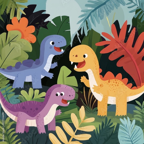 Three cartoon dinosaurs standing in a jungle. photo