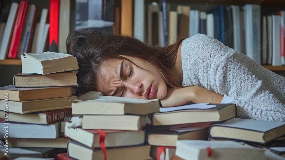 Exhausted Student Falling Asleep on a Pile of Books with Dark Circles Under Eyes Exhausted Student Falling Asleep on a Pile of Books with Dark Circles Under Eyes