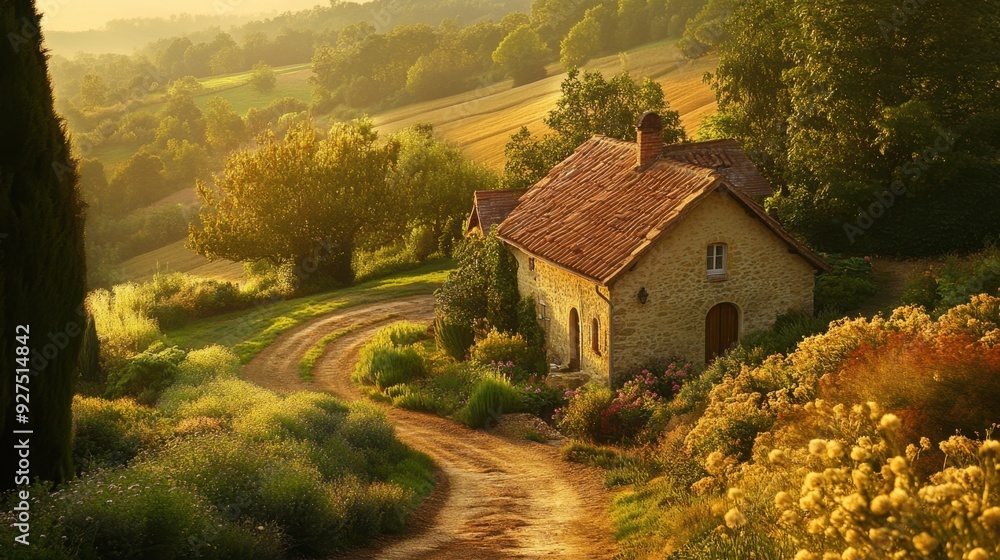 Obraz premium Rustic countryside with charming stone cottages blooming gardens meandering paths and gentle hills bathed in warm golden light