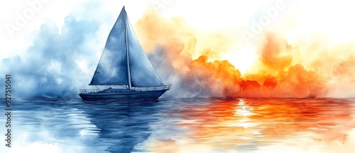 Watercolor clip art of a sailboat with reflections in calm water, gentle ripples, white background