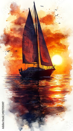 Watercolor clip art of a sailboat at sunset with warm golden hues reflecting on the water, soft brushstrokes, white background