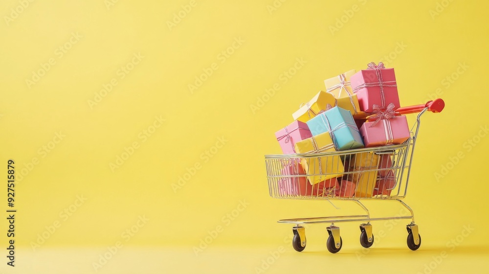 Shopping cart full of gift boxes on yellow background. Supermarket trolley with presents. Discounts, sales and promotions Shopping cart full of gift boxes on yellow background. Supermarket trolley with presents. Discounts, sales and promotions