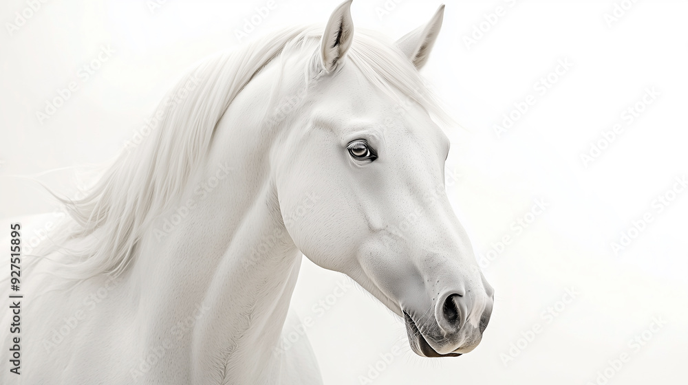 Obraz premium Close-up portrait of a white horse on a white background.