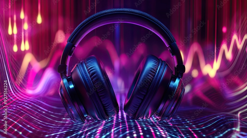 3D headphones with a bright, abstract sound wave background. Visualization of electronic music and digital audio, featuring dynamic colors and patterns. 3D headphones with a bright, abstract sound wave background. Visualization of electronic music and digital audio, featuring dynamic colors and patterns.