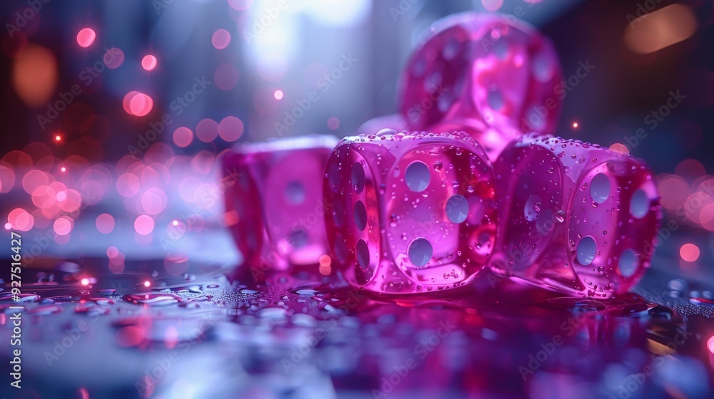 Stack of five big falling dices with violet sparks on a white background. Stack of five big falling dices with violet sparks on a white background.