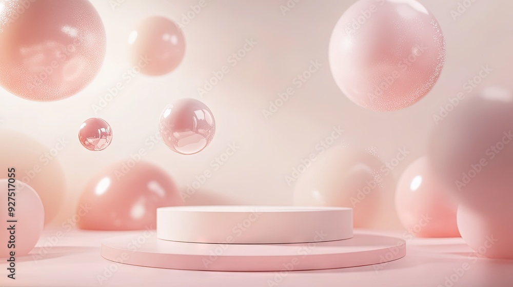3D scene featuring a podium with floating spheres in soft, warm pastel tones. Ideal for product displays, branding, or cozy and sophisticated presentations. 3D scene featuring a podium with floating spheres in soft, warm pastel tones. Ideal for product displays, branding, or cozy and sophisticated presentations.