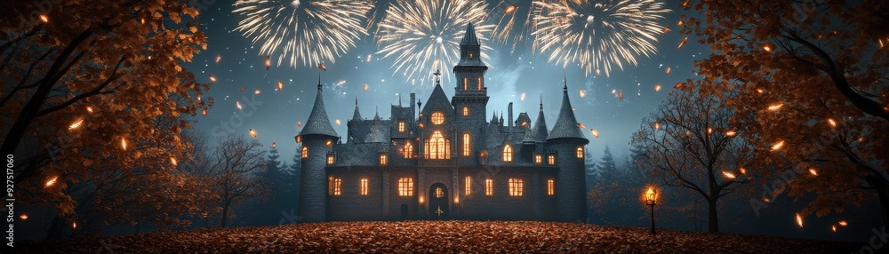 A magical castle illuminated by fireworks in a starlit sky, surrounded by vibrant autumn foliage, perfect for enchanting themes. A magical castle illuminated by fireworks in a starlit sky, surrounded by vibrant autumn foliage, perfect for enchanting themes.
