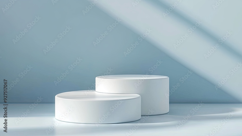 3D white and blue cylinder podium with minimal circle shapes against a sleek background. Great for modern abstract cosmetic displays and stylish product presentations. 3D white and blue cylinder podium with minimal circle shapes against a sleek background. Great for modern abstract cosmetic displays and stylish product presentations.