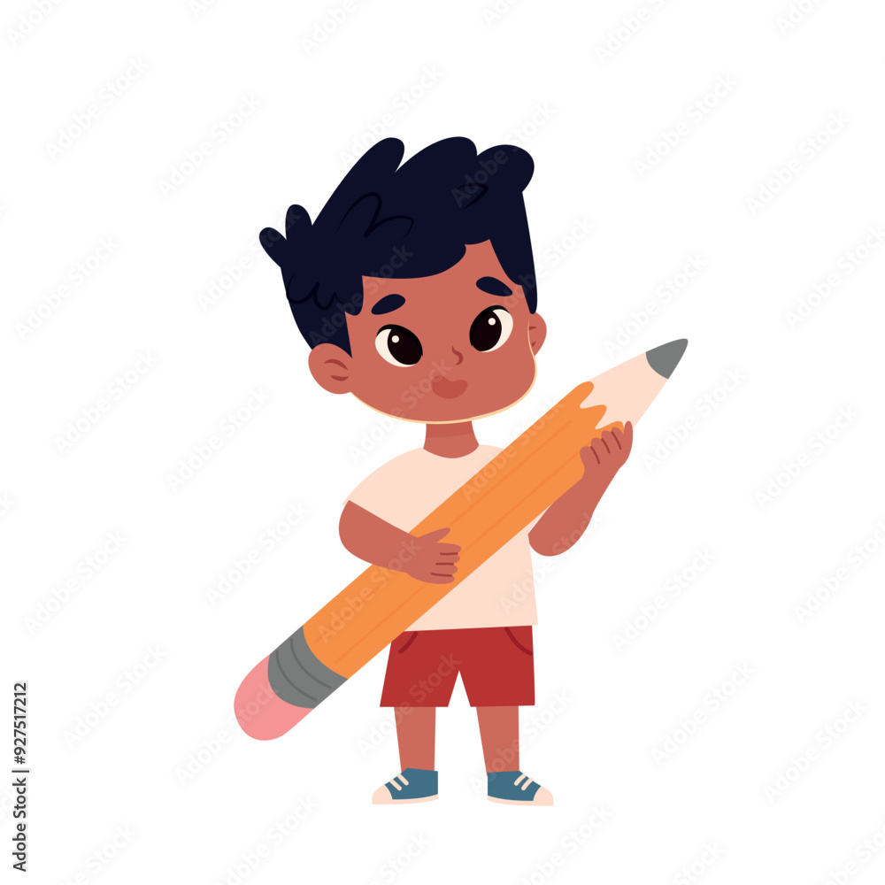 boy with pencil.boy vector illustration of child . boy holds boy with pencil.boy vector illustration of child . boy holds