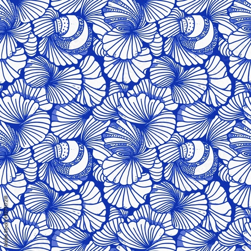 Azure blue white shell motif with linen seamless batik background, Modern coastal beach cottage rustic shell block print home decor pattern design in sealife beach style.
