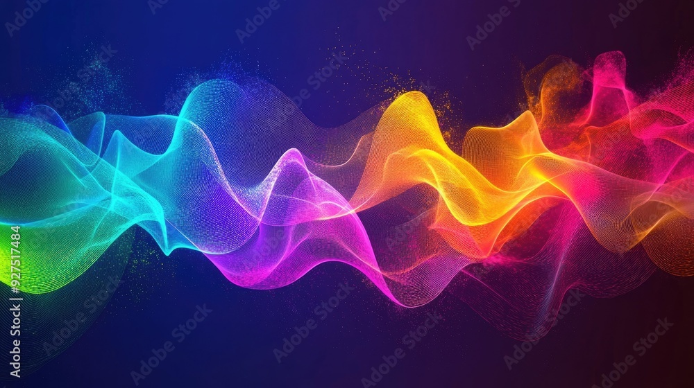 Fototapeta premium Abstract background featuring speaking sound wave lines in a rainbow gradient. Fluid motion with colorful waves representing sound dynamics and energy.