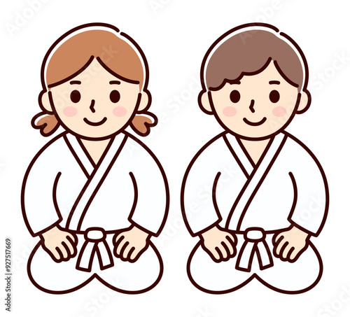 Cute cartoon kids martial arts sitting seiza