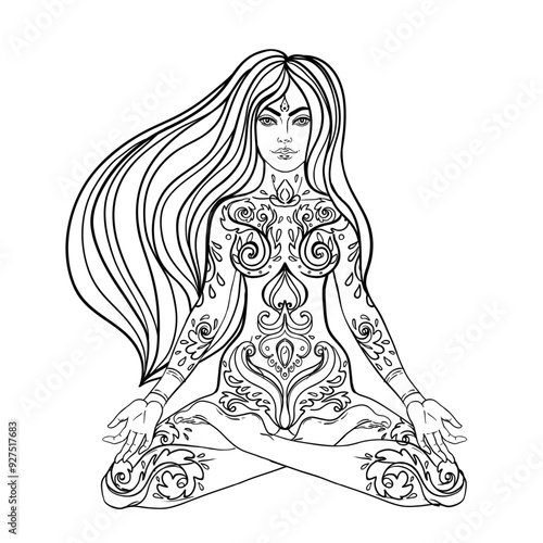 Chakra concept. Girl sitting in lotus position over black and white ornate ma...