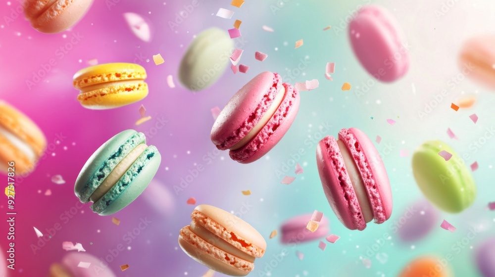 Colorful macarons cakes float in the air on a colorful pastel background Colorful macarons cakes float in the air on a colorful pastel background