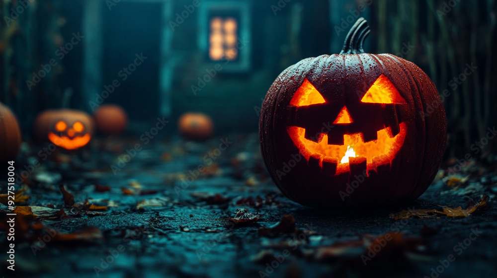 Glowing jack-o'-lanterns line a path in a spooky Halloween setting at twilight Glowing jack-o'-lanterns line a path in a spooky Halloween setting at twilight