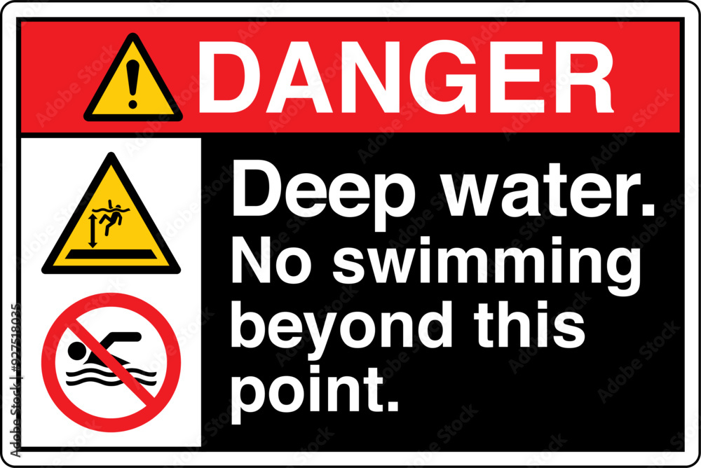 Original name(s): ANSI Z535 Safety Sign Marking Label Two Symbol Pictogram Standards Danger Deep Water No Swimming Beyond This Point with text landscape black