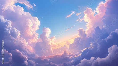 Dreamy Serenity: Bright Clouds Adorning the Sky in a Peaceful Landscape