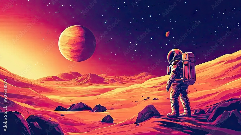 Fototapeta premium Astronaut exploring the Mars desert landscape, with extra-cosmic activities depicted against a vibrant cosmic scene featuring stars and planets. Modern, colorful vector design.