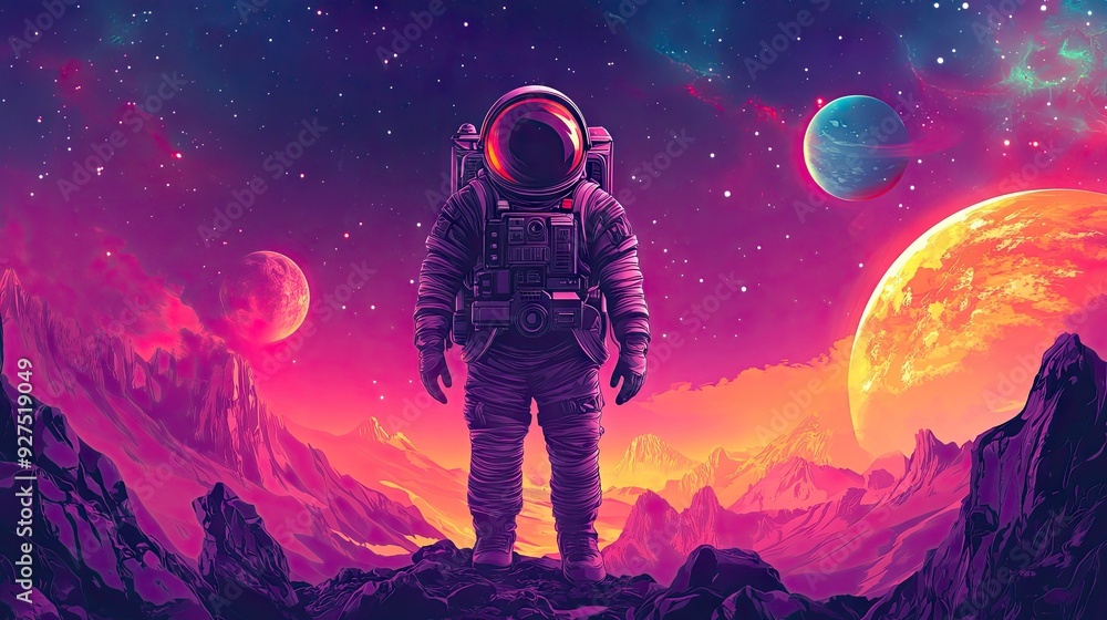 Astronaut in a high-tech space suit exploring the surface of a new planet, with a beautiful cosmic horizon and distant celestial bodies. Vector illustration with bright colors. Astronaut in a high-tech space suit exploring the surface of a new planet, with a beautiful cosmic horizon and distant celestial bodies. Vector illustration with bright colors.