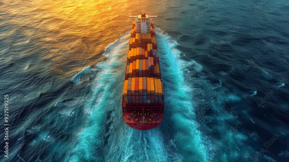 Cargo ship with containers sailing on blue water with sun shining down. Cargo ship with containers sailing on blue water with sun shining down.
