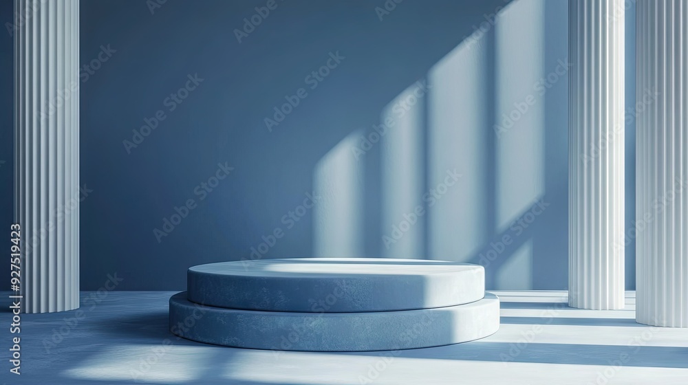 Blue 3D podium mockup in a showroom scene, ideal for displaying fashion items or products. Studio setting for high-quality exhibition and gallery presentations. Blue 3D podium mockup in a showroom scene, ideal for displaying fashion items or products. Studio setting for high-quality exhibition and gallery presentations.