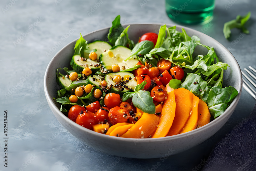 Healthy vegetarian salad. Buddha bowl. Grey background. Close up. Healthy vegetarian salad. Buddha bowl. Grey background. Close up.