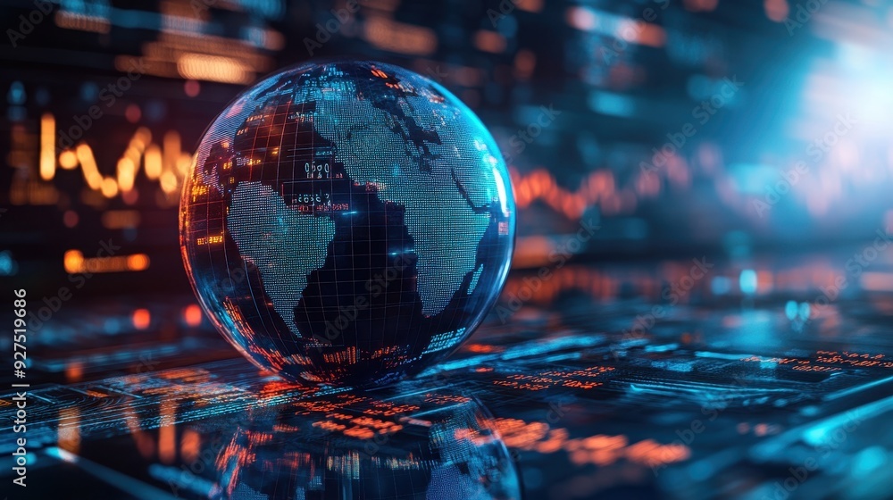 Globe with financial data overlay, representing global markets, on a futuristic background Globe with financial data overlay, representing global markets, on a futuristic background