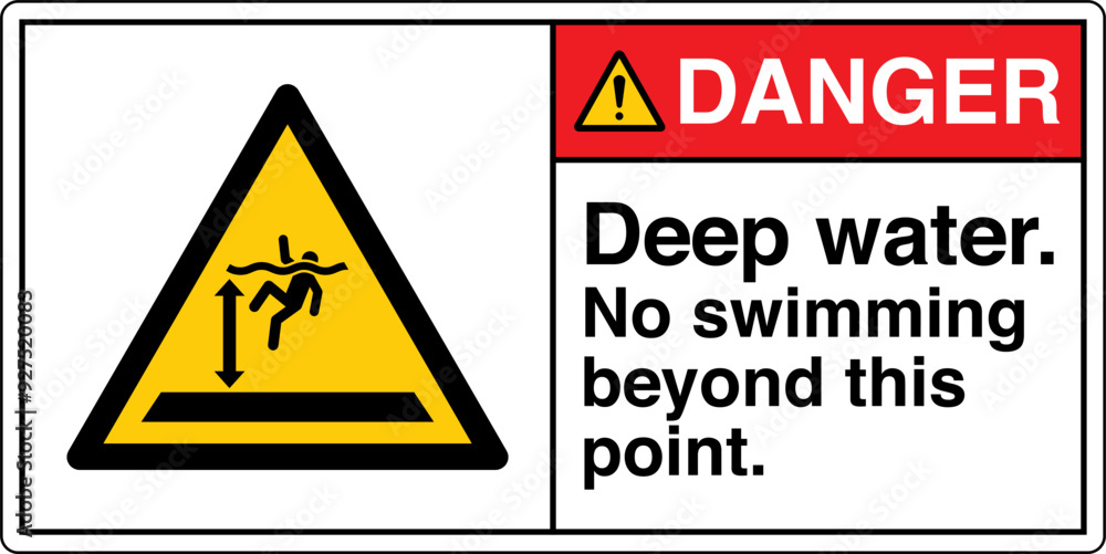 ANSI Z535 Safety Sign Marking Label Symbol Pictogram Standards Danger Deep Water No Swimming Beyond This Point with text landscape white ANSI Z535 Safety Sign Marking Label Symbol Pictogram Standards Danger Deep Water No Swimming Beyond This Point with text landscape white