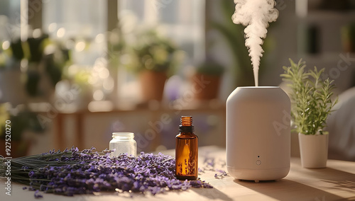 A serene setup featuring an aroma diffuser emitting steam, surrounded by lavender and essential oil for a calming ambiance.