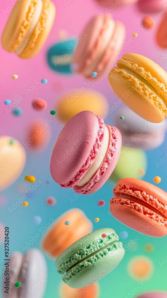 Colorful macarons cakes float in the air on a colorful pastel background Colorful macarons cakes float in the air on a colorful pastel background
