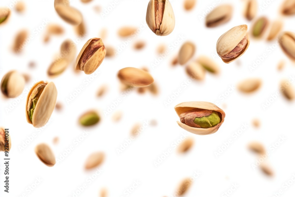 Flying in air fresh raw whole and cracked pistachios isolated on white background. Falling pistachio Flying in air fresh raw whole and cracked pistachios isolated on white background. Falling pistachio