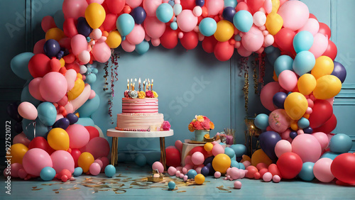 Bright and cheerful birthday scene with balloons in every corner.