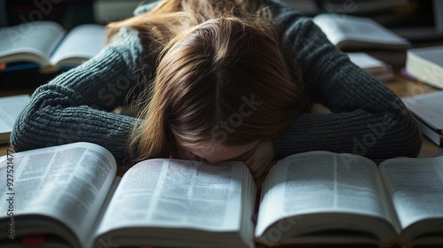 Exhausted Student with Head Resting on Desk Surrounded by Open Textbooks and Study Materials photo