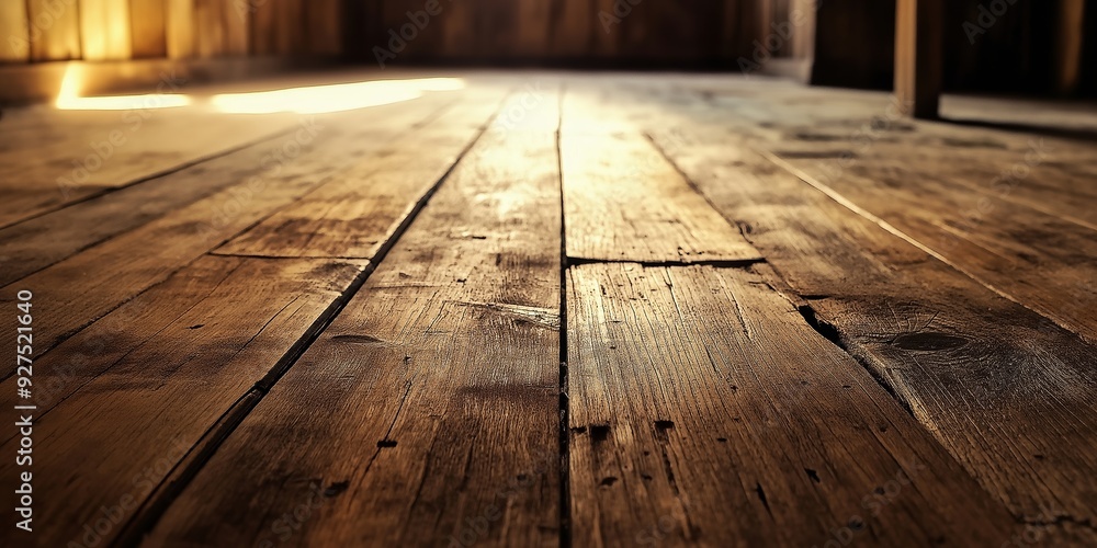A view of an old wooden floor in a rustic setting with warm hues from ambient light, displaying texture and history. A view of an old wooden floor in a rustic setting with warm hues from ambient light, displaying texture and history.