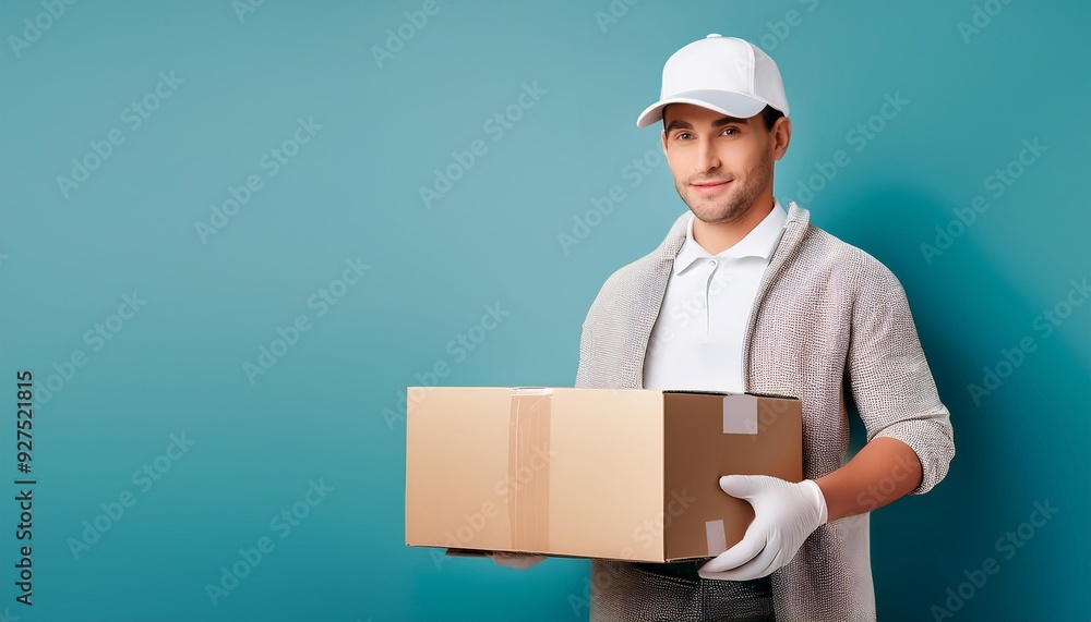 A delivery person engaged in their work, holding a package. Isolated on blue background with copy space. A delivery person engaged in their work, holding a package. Isolated on blue background with copy space.