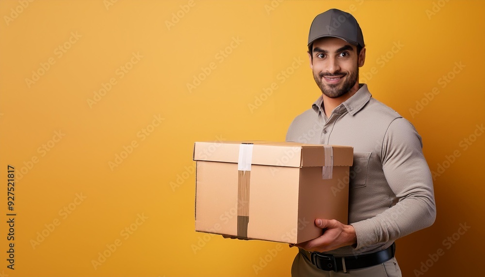 A delivery person engaged in their work, holding a package. Isolated on yellow background with copy space. A delivery person engaged in their work, holding a package. Isolated on yellow background with copy space.